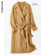 SENTUBILA Women 100% Wool Long Wrap Coat 2026 Elegant Notched Collar Belted Warm Double Faced Woolen Winter Overcoat W24O43352