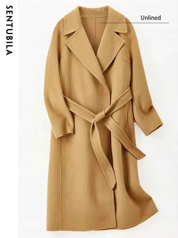 SENTUBILA Women 100% Wool Long Wrap Coat 2026 Elegant Notched Collar Belted Warm Double Faced Woolen Winter Overcoat W24O43352