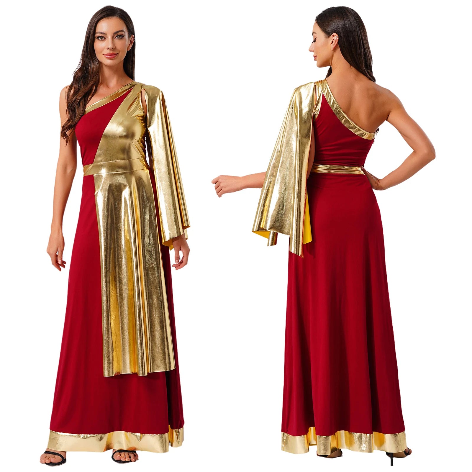 One-Shoulder Greek Goddess Tunic Dress with Metallic Drape