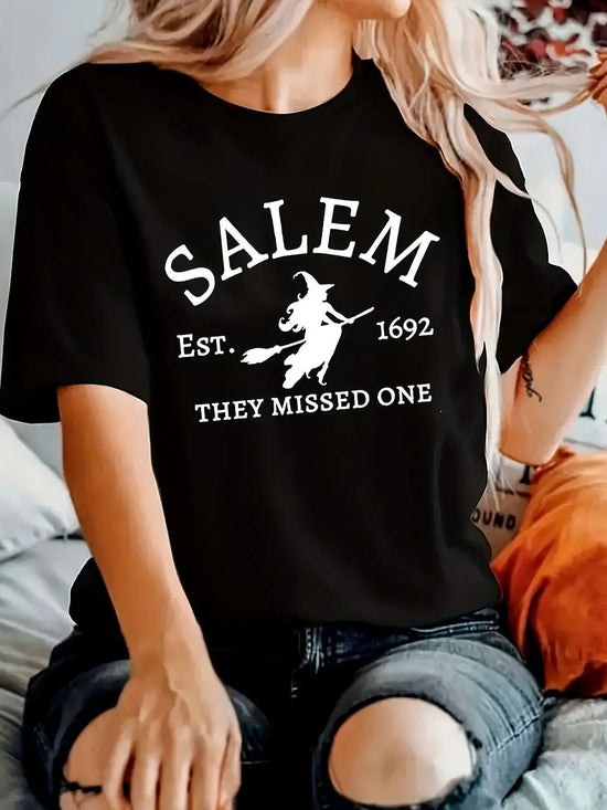 Salem Witch Riding Broomstick Print T-Shirt for Women - Casual Polyester Knit Fabric, Short Sleeve, Regular Fit, Halloween Themed, H Shape, Pullover with Round Neckline - Summer Collection.