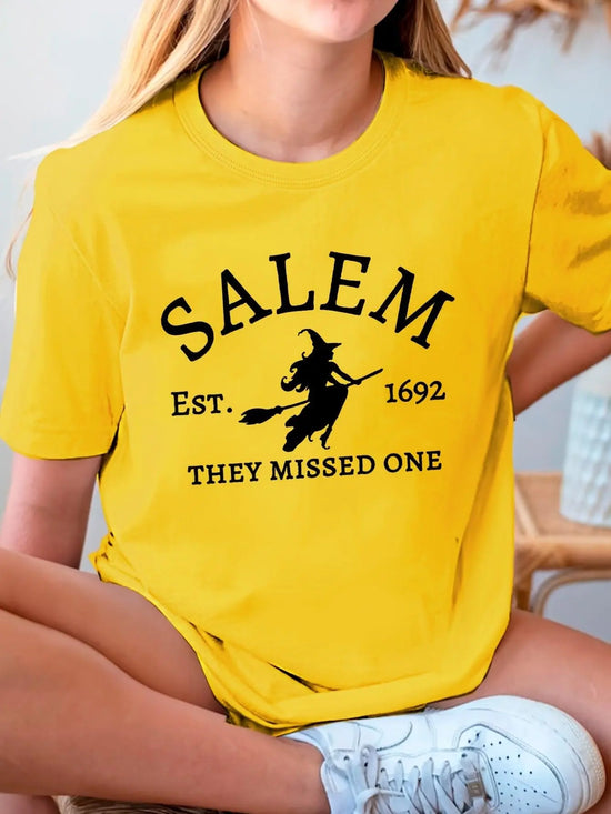 Salem Witch Riding Broomstick Print T-Shirt for Women - Casual Polyester Knit Fabric, Short Sleeve, Regular Fit, Halloween Themed, H Shape, Pullover with Round Neckline - Summer Collection.