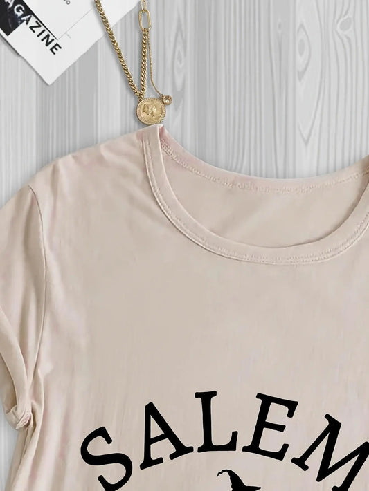 Salem Witch Riding Broomstick Print T-Shirt for Women - Casual Polyester Knit Fabric, Short Sleeve, Regular Fit, Halloween Themed, H Shape, Pullover with Round Neckline - Summer Collection.