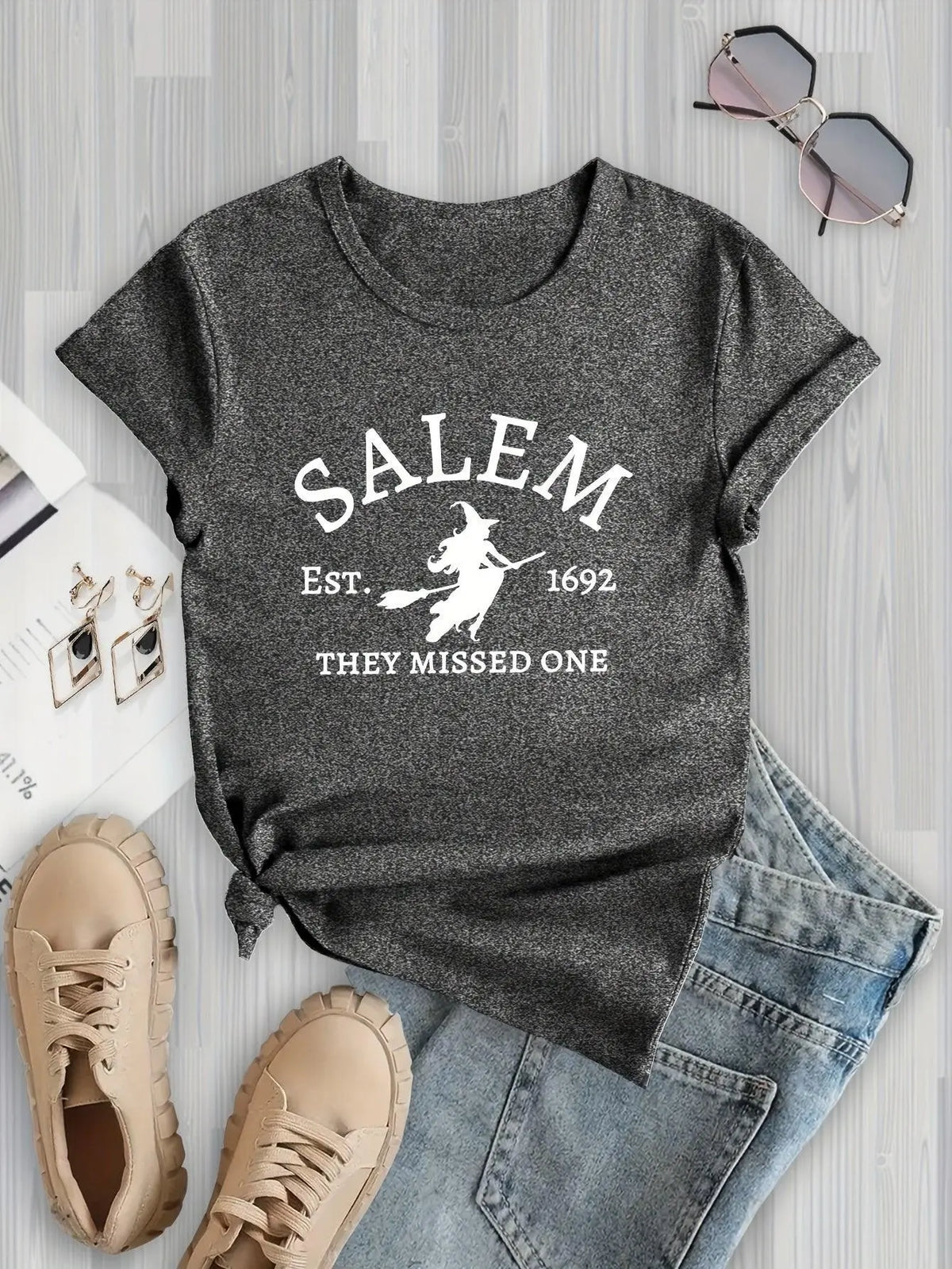 Salem Witch Riding Broomstick Print T-Shirt for Women - Casual Polyester Knit Fabric, Short Sleeve, Regular Fit, Halloween Themed, H Shape, Pullover with Round Neckline - Summer Collection.