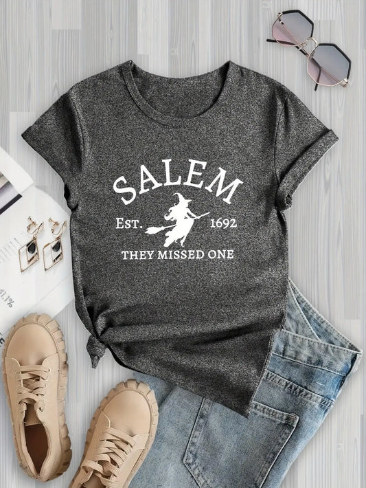 Salem Witch Riding Broomstick Print T-Shirt for Women - Casual Polyester Knit Fabric, Short Sleeve, Regular Fit, Halloween Themed, H Shape, Pullover with Round Neckline - Summer Collection.