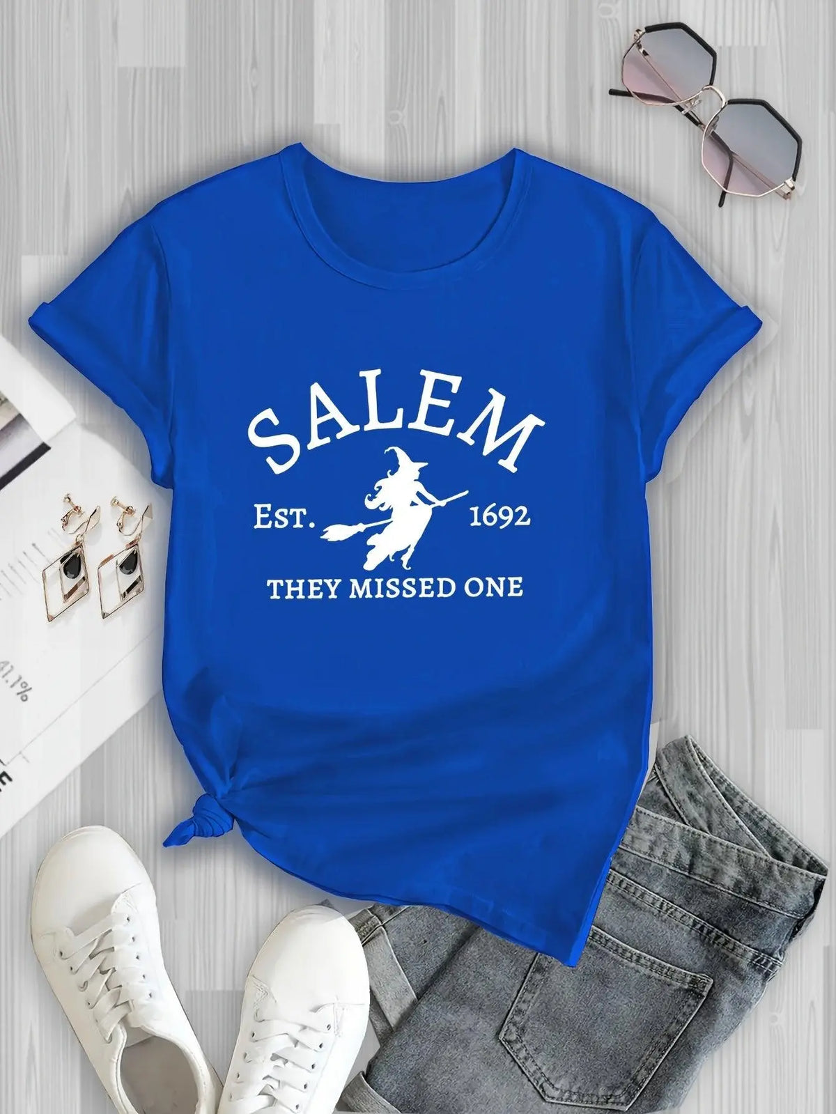 Salem Witch Riding Broomstick Print T-Shirt for Women - Casual Polyester Knit Fabric, Short Sleeve, Regular Fit, Halloween Themed, H Shape, Pullover with Round Neckline - Summer Collection.