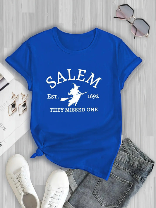 Salem Witch Riding Broomstick Print T-Shirt for Women - Casual Polyester Knit Fabric, Short Sleeve, Regular Fit, Halloween Themed, H Shape, Pullover with Round Neckline - Summer Collection.