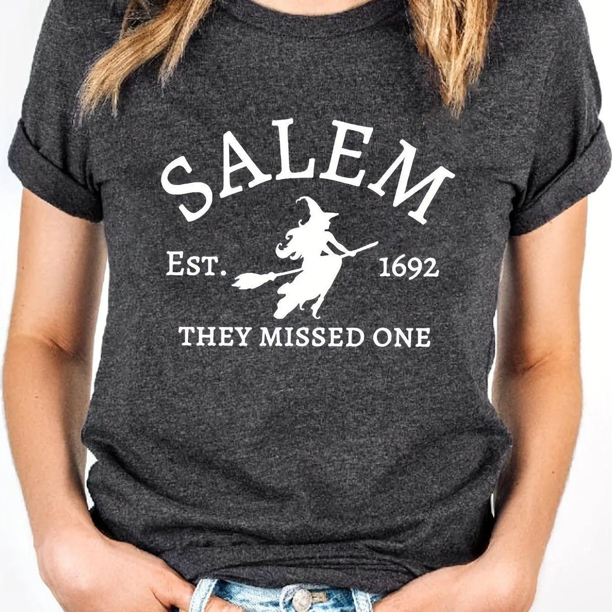 Salem Witch Riding Broomstick Print T-Shirt for Women - Casual Polyester Knit Fabric, Short Sleeve, Regular Fit, Halloween Themed, H Shape, Pullover with Round Neckline - Summer Collection - SS69