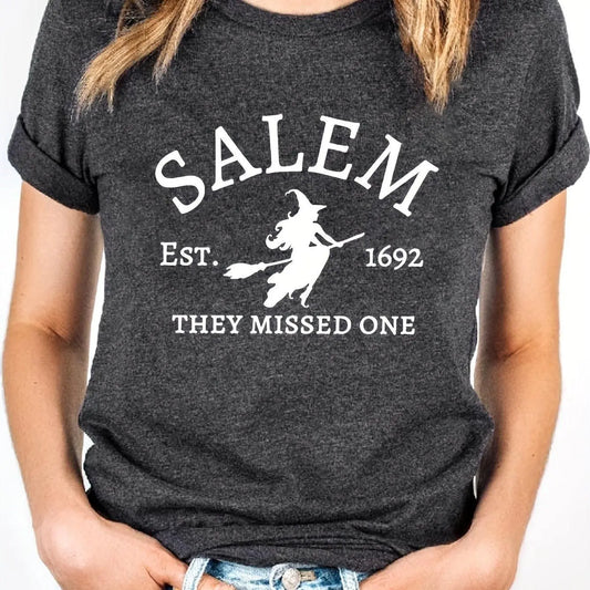 Salem Witch Riding Broomstick Print T-Shirt for Women - Casual Polyester Knit Fabric, Short Sleeve, Regular Fit, Halloween Themed, H Shape, Pullover with Round Neckline - Summer Collection - SS69