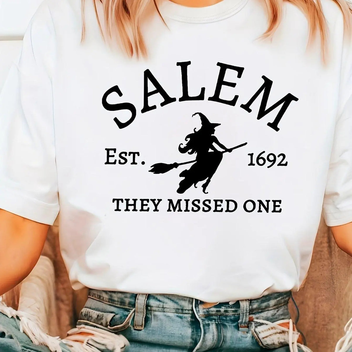Salem Witch Riding Broomstick Print T-Shirt for Women - Casual Polyester Knit Fabric, Short Sleeve, Regular Fit, Halloween Themed, H Shape, Pullover with Round Neckline - Summer Collection - SS69