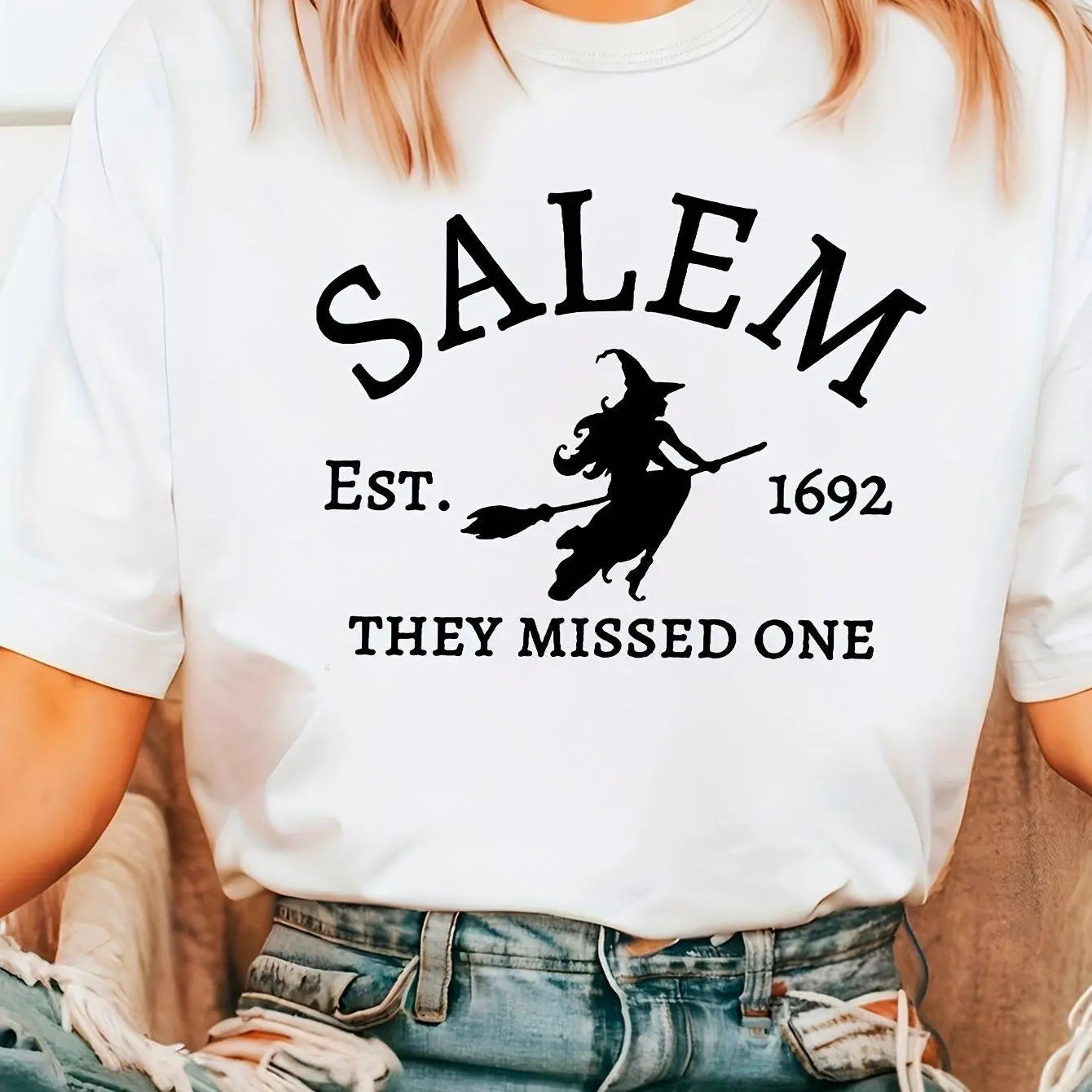 Salem Witch Riding Broomstick Print T-Shirt for Women - Casual Polyester Knit Fabric, Short Sleeve, Regular Fit, Halloween Themed, H Shape, Pullover with Round Neckline - Summer Collection - SS69