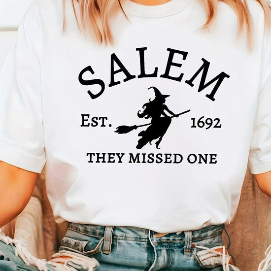 Salem Witch Riding Broomstick Print T-Shirt for Women - Casual Polyester Knit Fabric, Short Sleeve, Regular Fit, Halloween Themed, H Shape, Pullover with Round Neckline - Summer Collection - SS69