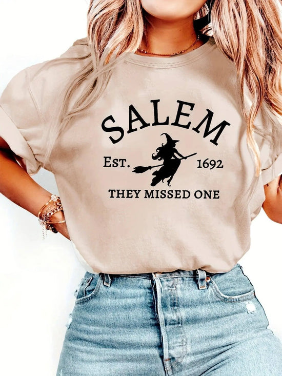 Salem Witch Riding Broomstick Print T-Shirt for Women - Casual Polyester Knit Fabric, Short Sleeve, Regular Fit, Halloween Themed, H Shape, Pullover with Round Neckline - Summer Collection SS69