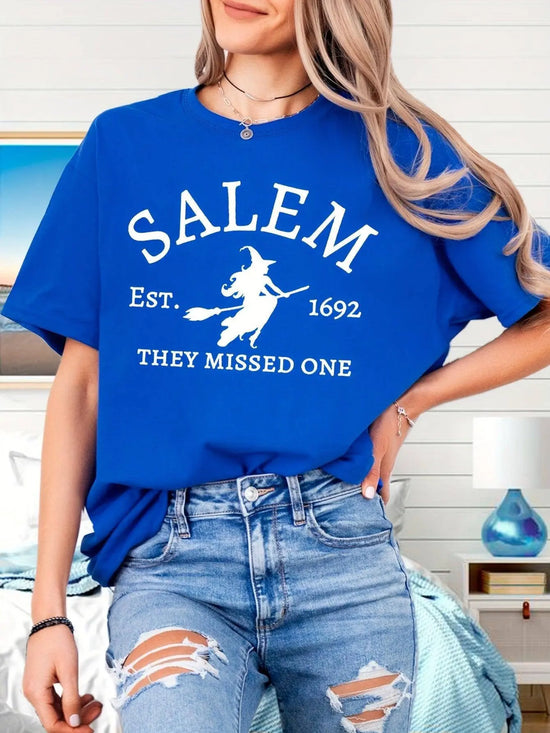 Salem Witch Riding Broomstick Print T-Shirt for Women - Casual Polyester Knit Fabric, Short Sleeve, Regular Fit, Halloween Themed, H Shape, Pullover with Round Neckline - Summer Collection SS69