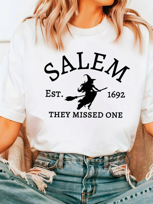 Salem Witch Riding Broomstick Print T-Shirt for Women - Casual Polyester Knit Fabric, Short Sleeve, Regular Fit, Halloween Themed, H Shape, Pullover with Round Neckline - Summer Collection SS69