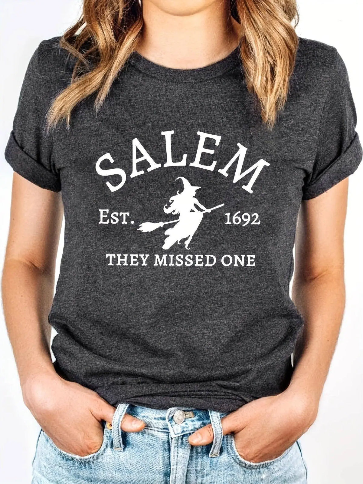 Salem Witch Riding Broomstick Print T-Shirt for Women - Casual Polyester Knit Fabric, Short Sleeve, Regular Fit, Halloween Themed, H Shape, Pullover with Round Neckline - Summer Collection SS69