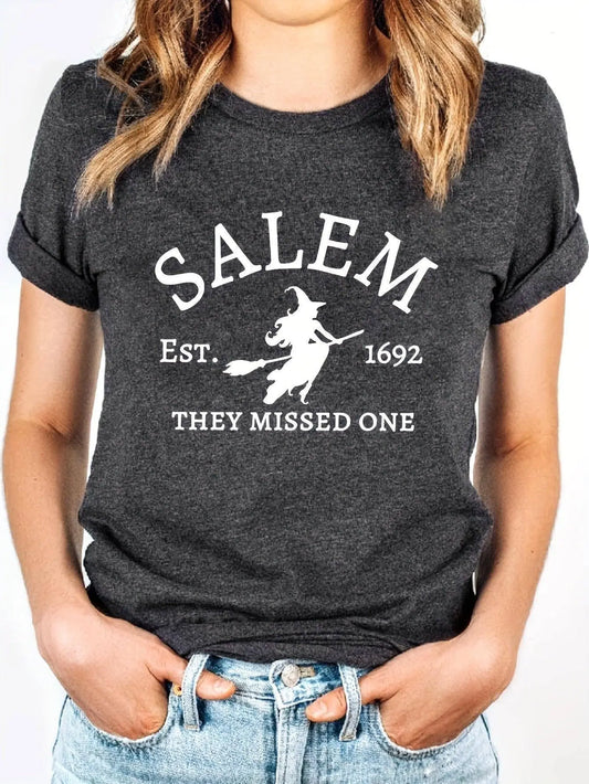 Salem Witch Riding Broomstick Print T-Shirt for Women - Casual Polyester Knit Fabric, Short Sleeve, Regular Fit, Halloween Themed, H Shape, Pullover with Round Neckline - Summer Collection SS69