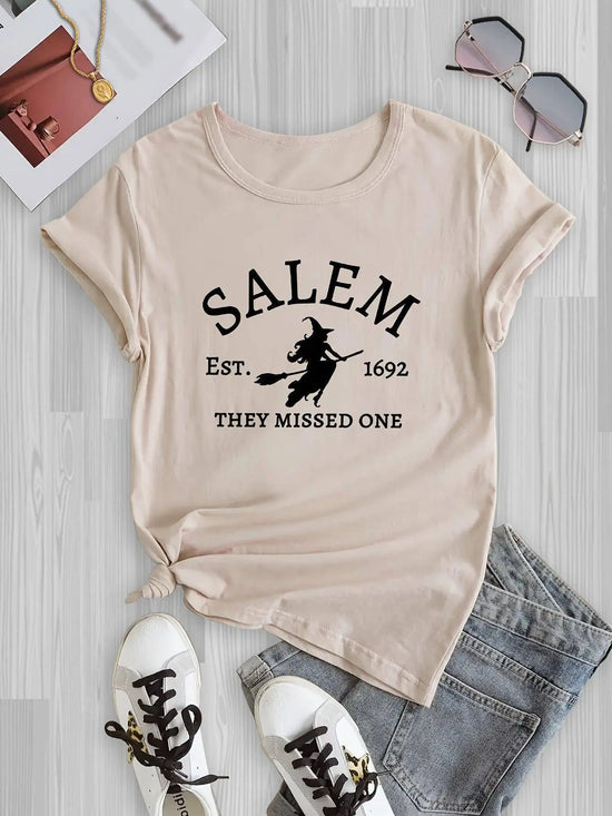 Salem Witch Riding Broomstick Print T-Shirt for Women - Casual Polyester Knit Fabric, Short Sleeve, Regular Fit, Halloween Themed, H Shape, Pullover with Round Neckline - Summer Collection SS69