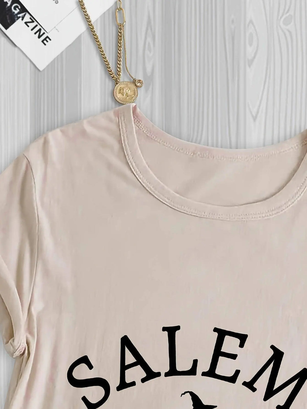 Salem Witch Riding Broomstick Print T-Shirt for Women - Casual Polyester Knit Fabric, Short Sleeve, Regular Fit, Halloween Themed, H Shape, Pullover with Round Neckline - Summer Collection SS69