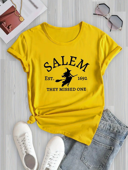 Salem Witch Riding Broomstick Print T-Shirt for Women - Casual Polyester Knit Fabric, Short Sleeve, Regular Fit, Halloween Themed, H Shape, Pullover with Round Neckline - Summer Collection SS69