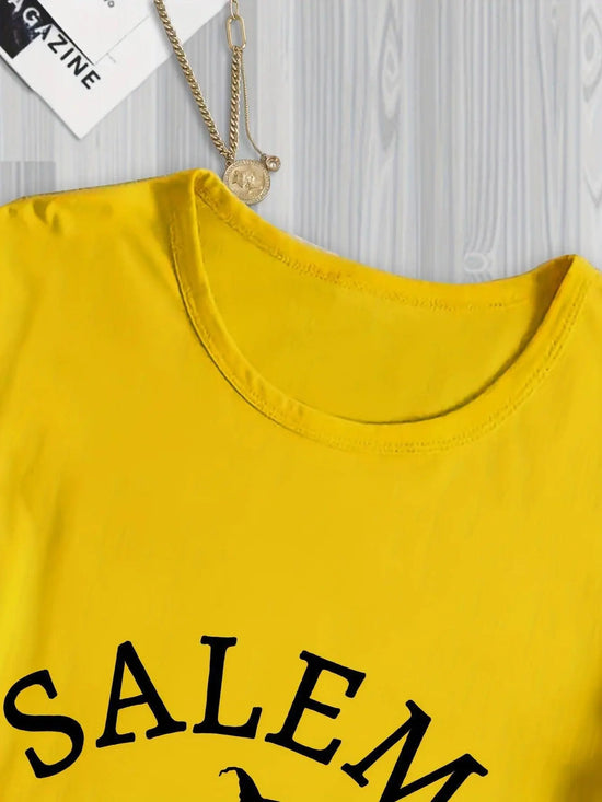 Salem Witch Riding Broomstick Print T-Shirt for Women - Casual Polyester Knit Fabric, Short Sleeve, Regular Fit, Halloween Themed, H Shape, Pullover with Round Neckline - Summer Collection SS69