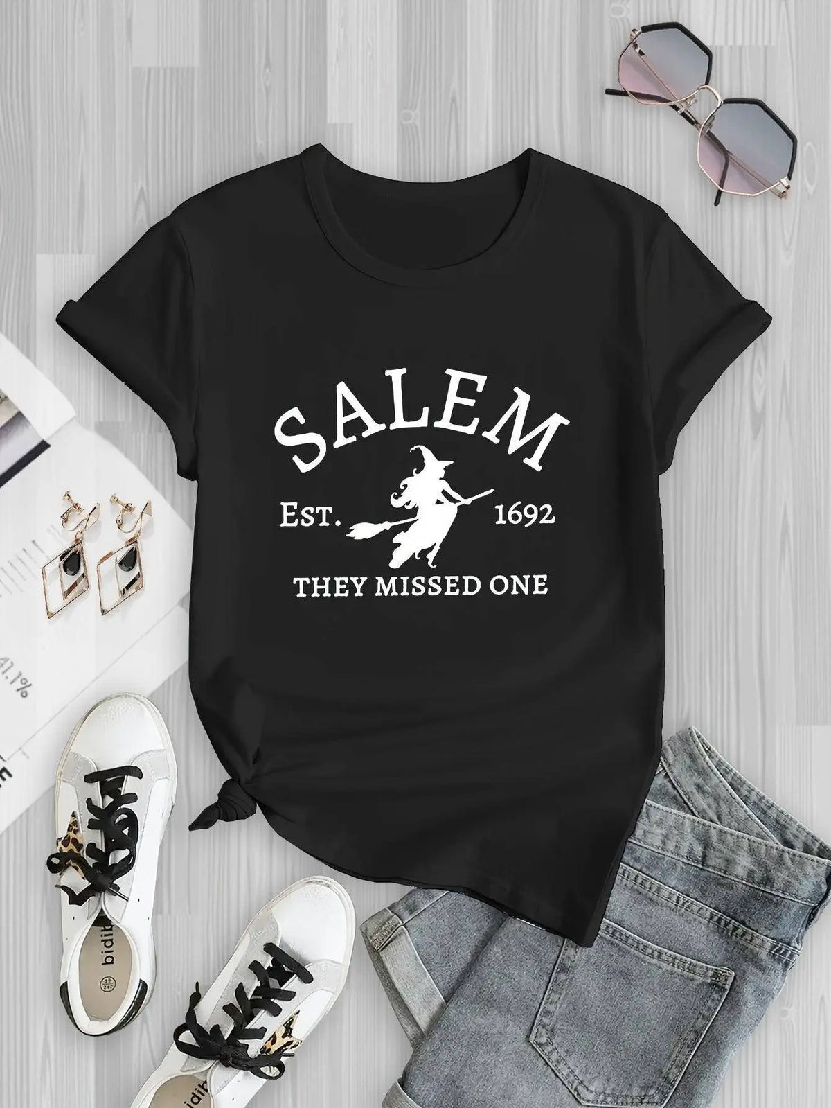 Salem Witch Riding Broomstick Print T-Shirt for Women - Casual Polyester Knit Fabric, Short Sleeve, Regular Fit, Halloween Themed, H Shape, Pullover with Round Neckline - Summer Collection SS69