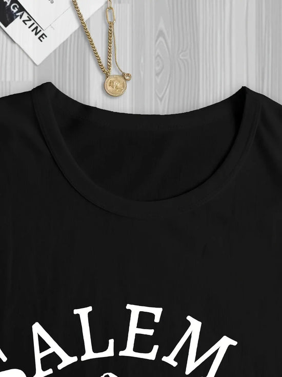 Salem Witch Riding Broomstick Print T-Shirt for Women - Casual Polyester Knit Fabric, Short Sleeve, Regular Fit, Halloween Themed, H Shape, Pullover with Round Neckline - Summer Collection SS69