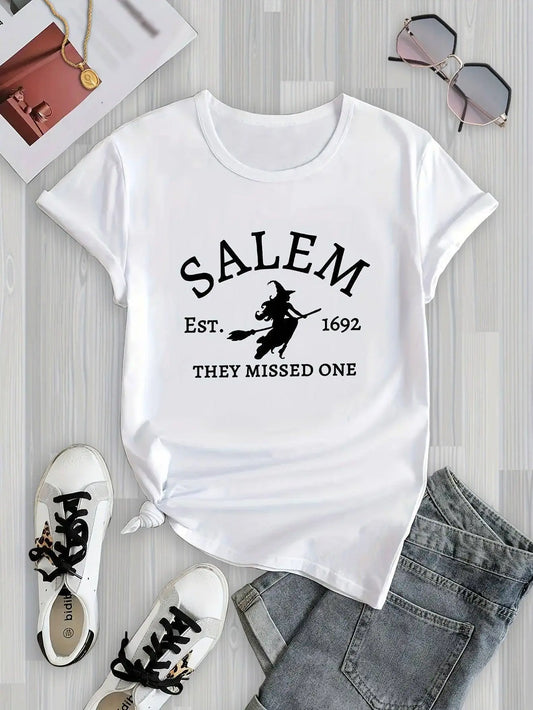 Salem Witch Riding Broomstick Print T-Shirt for Women - Casual Polyester Knit Fabric, Short Sleeve, Regular Fit, Halloween Themed, H Shape, Pullover with Round Neckline - Summer Collection SS69