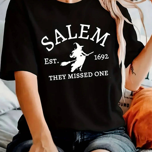 Salem Witch Riding Broomstick Print T-Shirt for Women - Casual Polyester Knit Fabric, Short Sleeve, Regular Fit, Halloween Themed, H Shape, Pullover with Round Neckline - Summer Collection SS69 15.69 Black / XXL