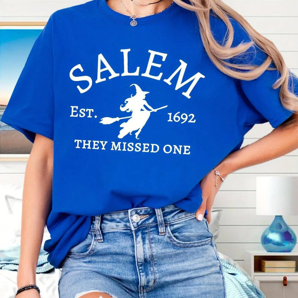 Salem Witch Riding Broomstick Print T-Shirt for Women - Casual Polyester Knit Fabric, Short Sleeve, Regular Fit, Halloween Themed, H Shape, Pullover with Round Neckline - Summer Collection SS69 15.69 Blue / XXL