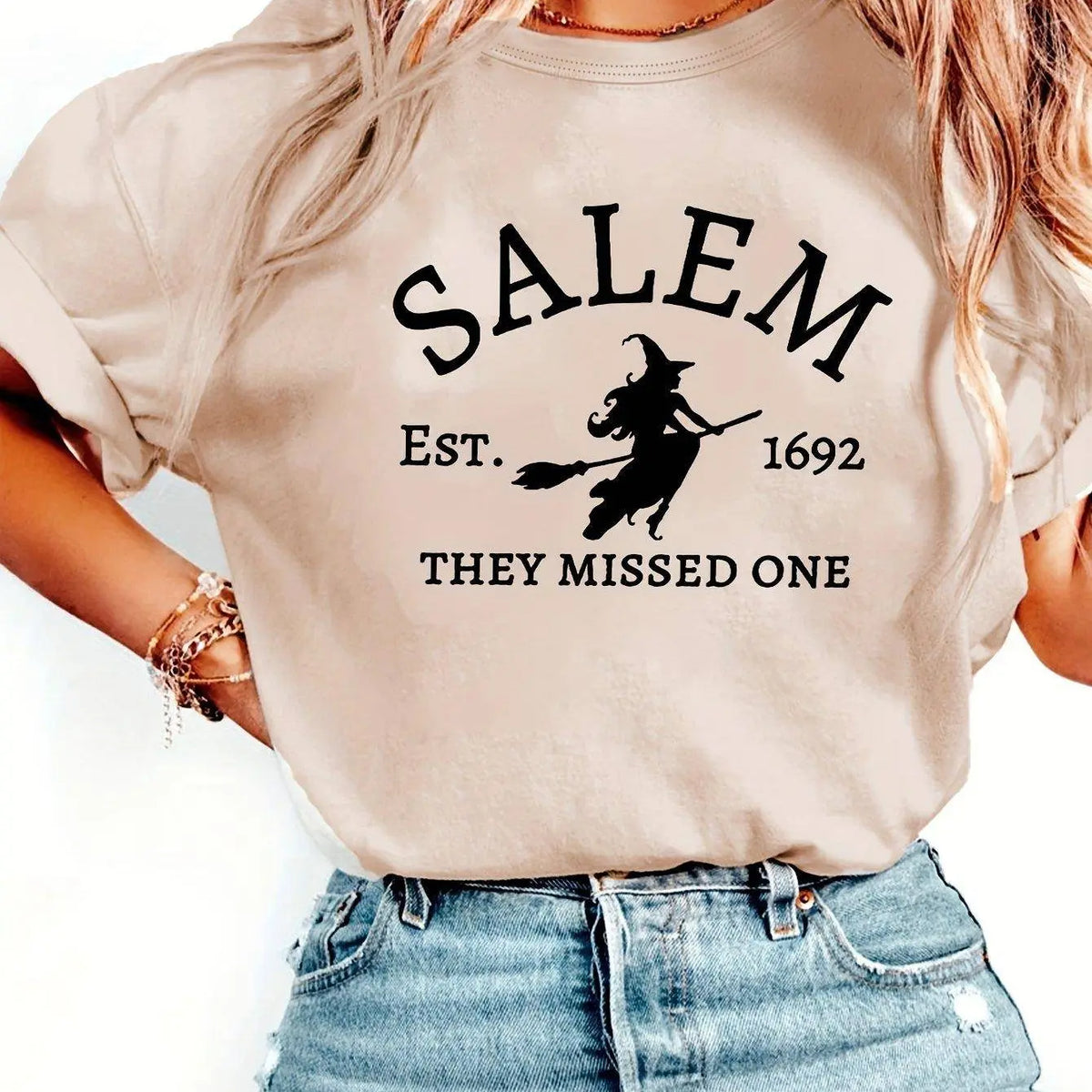 Salem Witch Riding Broomstick Print T-Shirt for Women - Casual Polyester Knit Fabric, Short Sleeve, Regular Fit, Halloween Themed, H Shape, Pullover with Round Neckline - Summer Collection SS69 15.69 Apricot / XXL