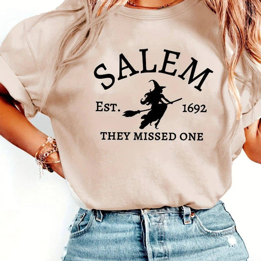 Salem Witch Riding Broomstick Print T-Shirt for Women - Casual Polyester Knit Fabric, Short Sleeve, Regular Fit, Halloween Themed, H Shape, Pullover with Round Neckline - Summer Collection SS69 15.69 Apricot / XXL