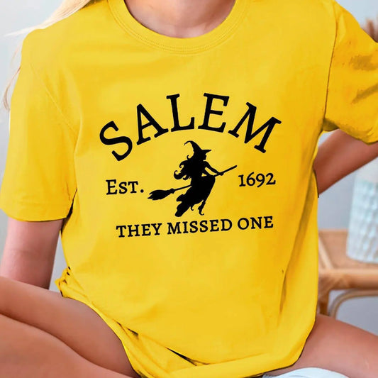 Salem Witch Riding Broomstick Print T-Shirt for Women - Casual Polyester Knit Fabric, Short Sleeve, Regular Fit, Halloween Themed, H Shape, Pullover with Round Neckline - Summer Collection SS69 15.69 orange yellow / XXL