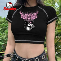 Sanrio Kuromi Short Sleeves Punk Style Vintage Fashion Print Short Expose Navel T-shirt Summer Girls Y2k Sexy Style Clothes Gift - SS69