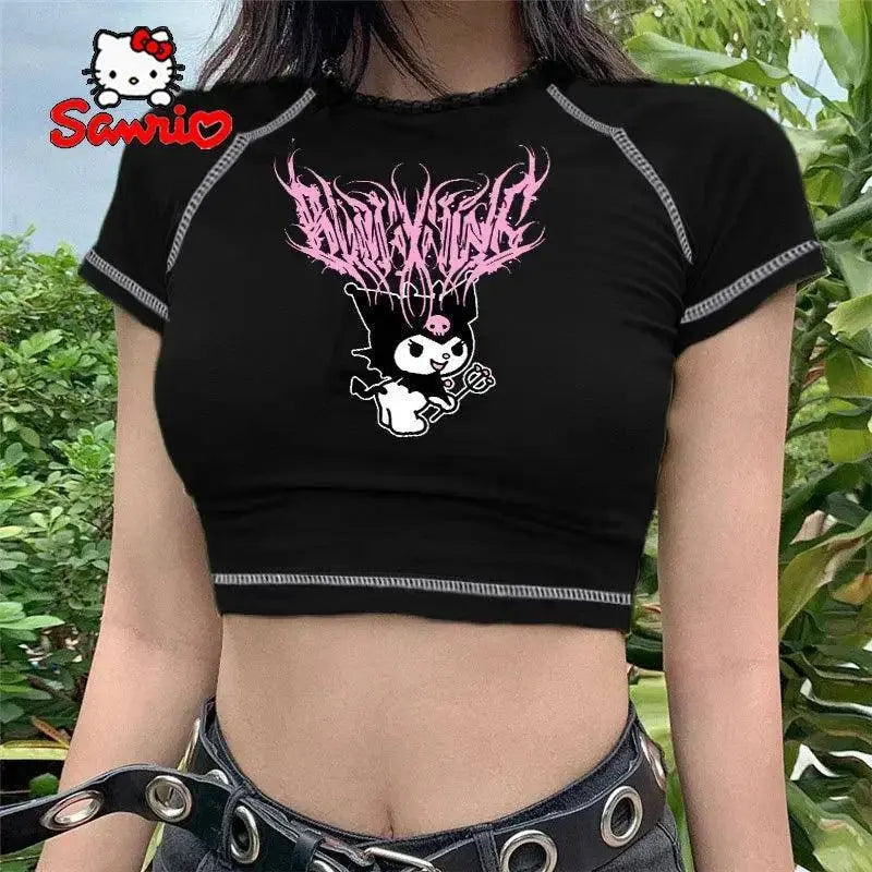 Sanrio Kuromi Short Sleeves Punk Style Vintage Fashion Print Short Expose Navel T-shirt Summer Girls Y2k Sexy Style Clothes Gift - SS69