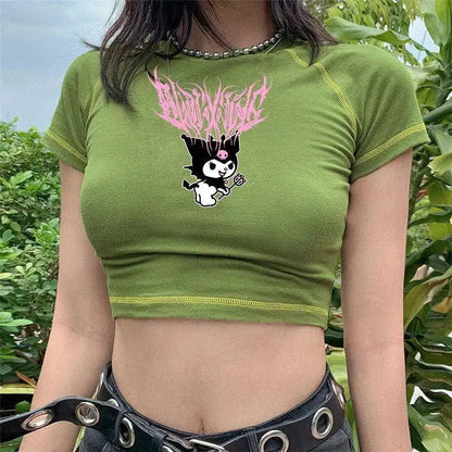 Sanrio Kuromi Short Sleeves Punk Style Vintage Fashion Print Short Expose Navel T-shirt Summer Girls Y2k Sexy Style Clothes Gift - SS69