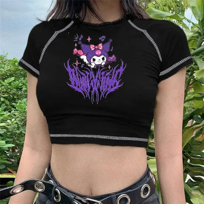 Sanrio Kuromi Short Sleeves Punk Style Vintage Fashion Print Short Expose Navel T-shirt Summer Girls Y2k Sexy Style Clothes Gift - SS69