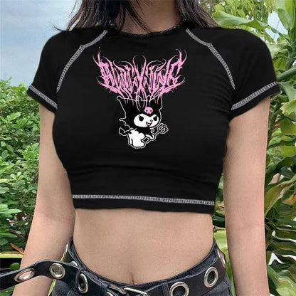 Sanrio Kuromi Short Sleeves Punk Style Vintage Fashion Print Short Expose Navel T-shirt Summer Girls Y2k Sexy Style Clothes Gift - SS69
