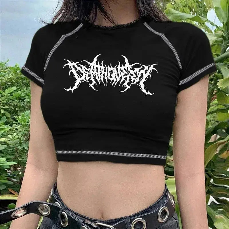 Sanrio Kuromi Short Sleeves Punk Style Vintage Fashion Print Short Expose Navel T-shirt Summer Girls Y2k Sexy Style Clothes Gift - SS69