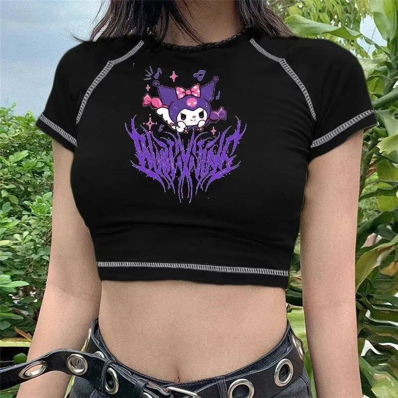 Sanrio Kuromi Short Sleeves Punk Style Vintage Fashion Print Short Expose Navel T-shirt Summer Girls Y2k Sexy Style Clothes Gift - SS69