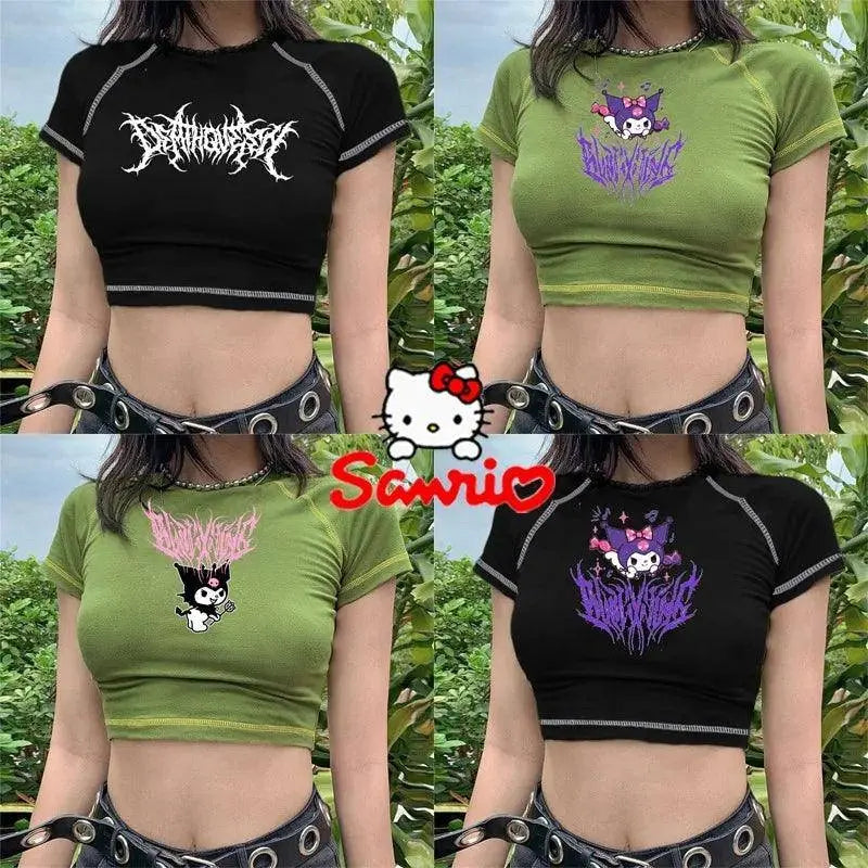 Sanrio Kuromi Short Sleeves Punk Style Vintage Fashion Print Short Expose Navel T-shirt Summer Girls Y2k Sexy Style Clothes Gift - SS69