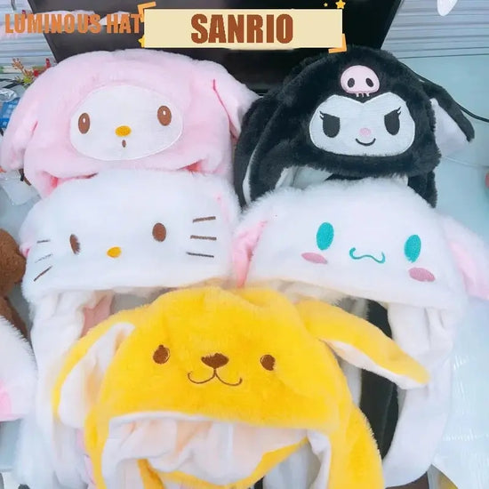 Sanrio Led Light Kuromi Cap Hello Kitty Cinnamoroll Glowing Plush Ear Move Hat Anime Cartoon Jumping Up Ear Novetly Cap Gifts SS69