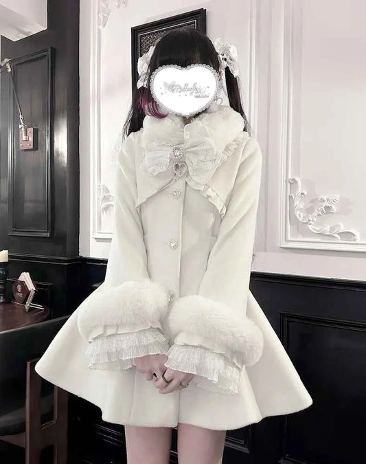 Japanese Mass-Produced Long Wool Collar Coat 20% Wool Waist-Cinching Sweet Girl Long Sleeve Slim Fit Elegant Lolita Woolen Coat