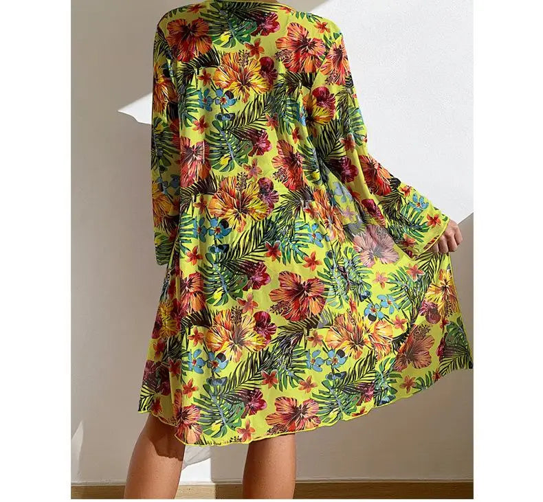 Size S-3XL Bikini Three Pieces Floral Printed Swimsuit Women Bikini Set With Mesh Long-Sleeved Blouse,Bra Top with Pad Swimwear SS69