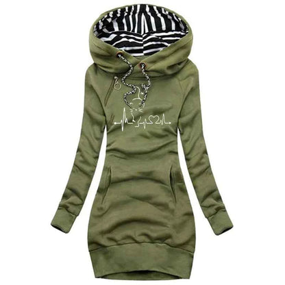 Trendy Line Cat Printed Autumn and Winter Women's Fashion Hoodie Dresses Hoodie Dresses Women's Long Sleeve Sweater Dresses