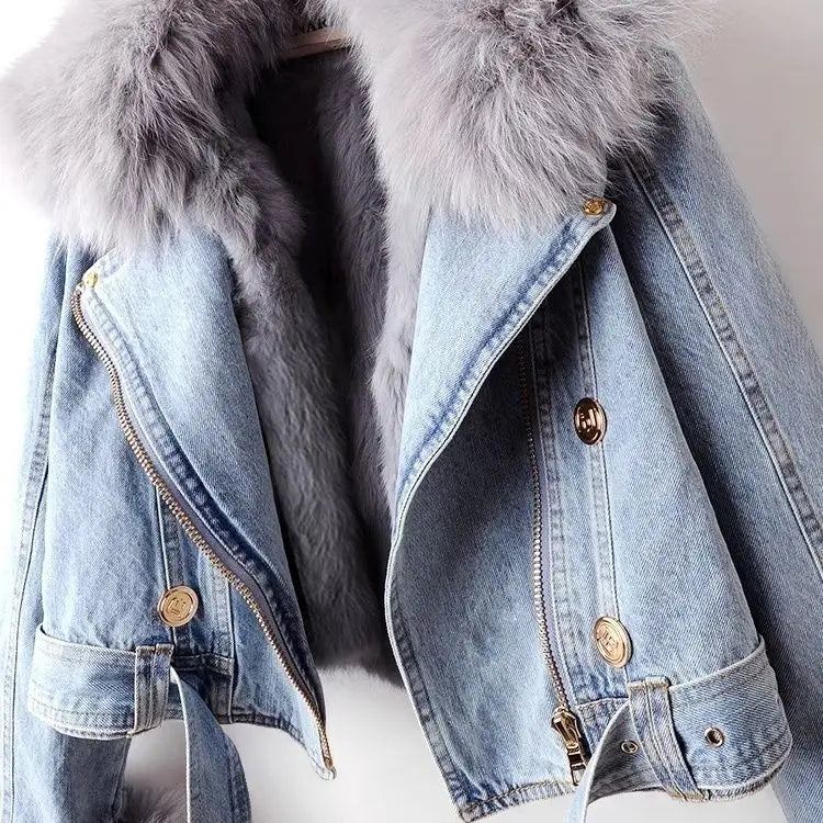 Women's Faux Fox Fur Collar Jean Jacket - Warm Winter Outwear