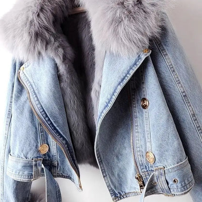 2026 New Women Faux Fox Fur Collar Jean Coat Winter Jacket Female Short Warm Parkas Rabbit Hair Lining Outwear Fashion Overcoat