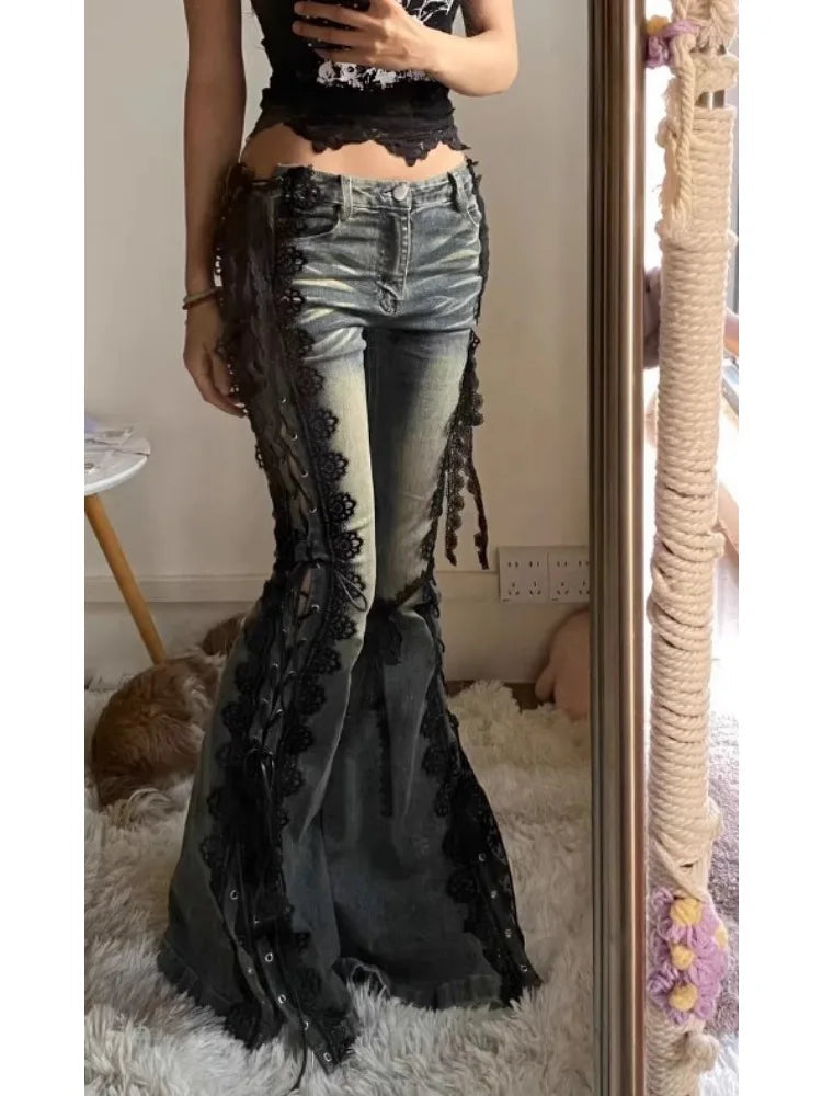 Retro Eyelets Lace Up Flare Jeans Stitch Lace Whiskers Low Rise Split Bootcut Pants Women Bell Bottoms Streetwear Y2k Aesthetic SS69