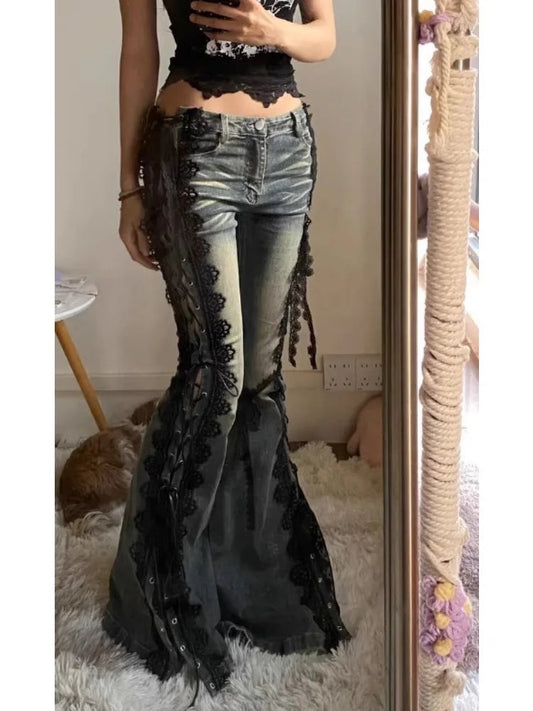 Retro Eyelets Lace Up Flare Jeans Stitch Lace Whiskers Low Rise Split Bootcut Pants Women Bell Bottoms Streetwear Y2k Aesthetic SS69