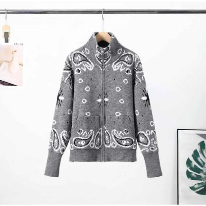 Warm Printed High Collar Knit Cardigans Women Contrast Jacquard Zipper Full Sleeve Pocket Sweater 2026 Spring Lady Chic Knitwear