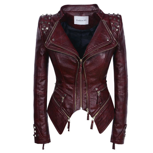 Punk Rivet Short Denim Slim Jackets Women Wash Long Sleeve Vintage Casual Studs Jean Outerwear Motorcycle Denim Coat Large Size SS69 66.69 Red wine PU / EU Size XL
